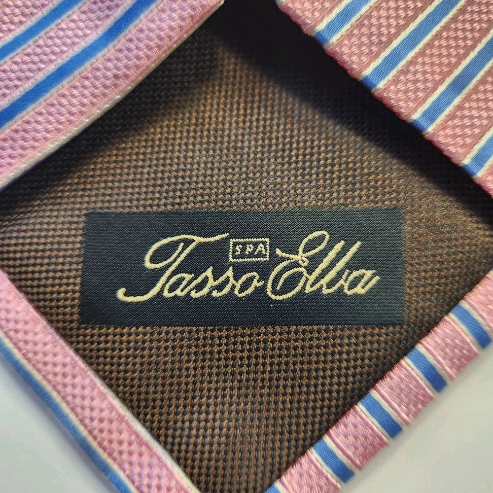 Tasso Elba 100% Silk Striped Repp Tie Hand‎ Made Pink Blue Stripes Mens Necktie